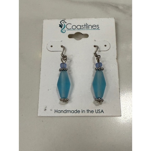 Coastlines Handmade USA Blue Lantern Drop Dangle Earrings Silver Accents - Picture 1 of 2